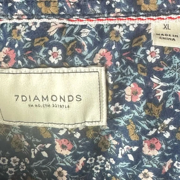 7 Diamonds Floral-Trim Short-Sleeve Button-Up — Navy Micro-Print Shirt (Size XL) - Picture 4 of 6